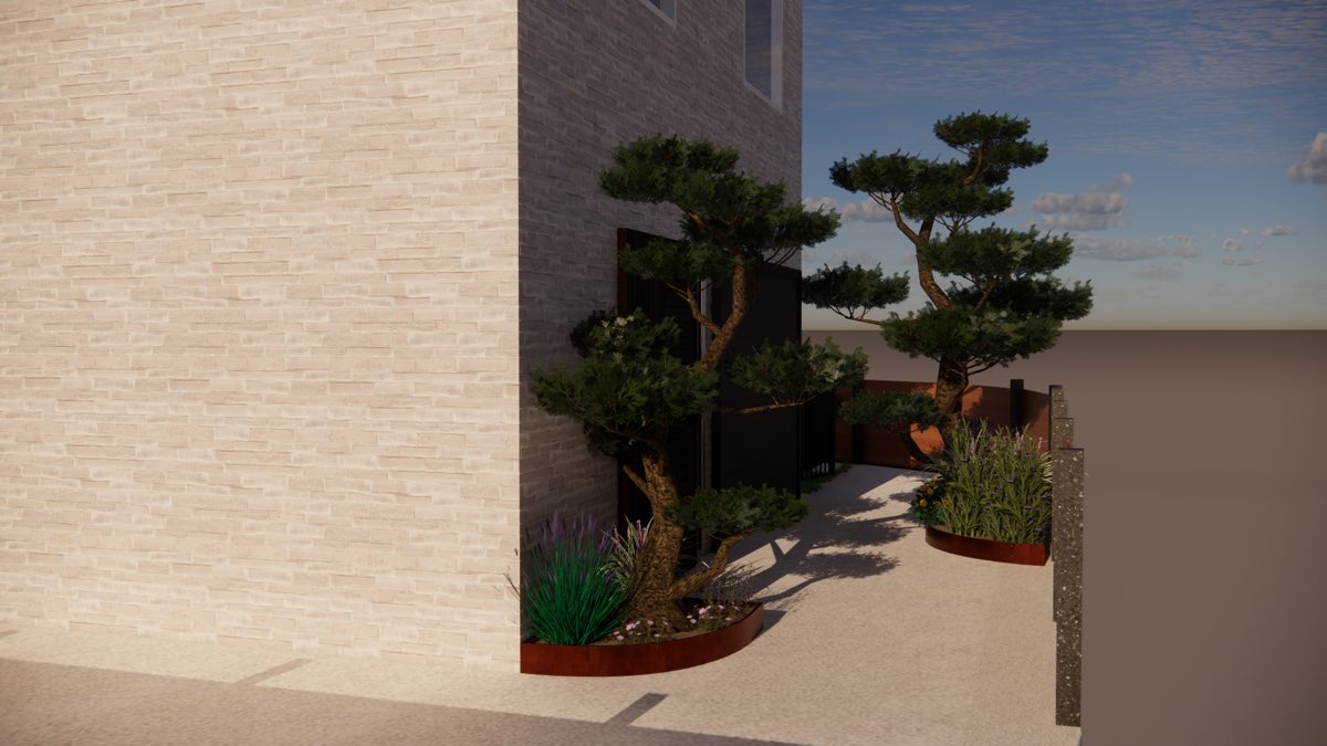 3D-tuinontwerp met cortenstalen plantenbakken en gesnoeide dennen langs een natuurstenen gevel