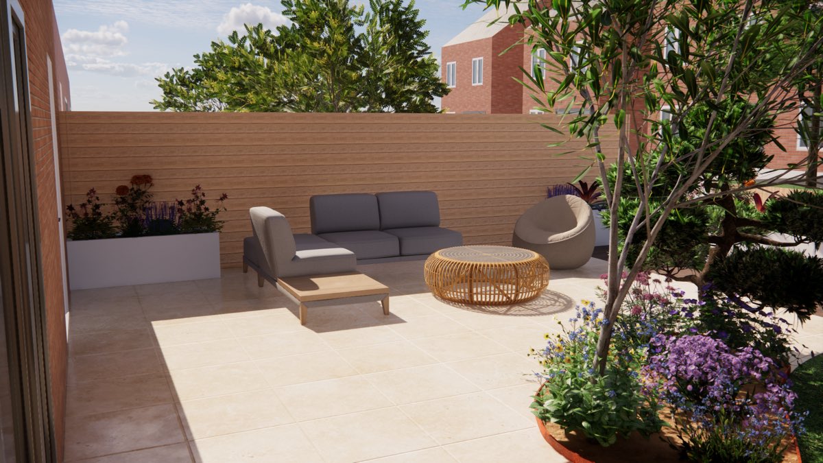 3D-tuinontwerp met terras, beplanting en verlichting