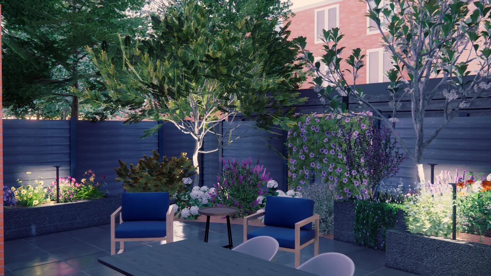 3D-ontwerp bij avond: verlichte bakken rond de zitplek op het terras