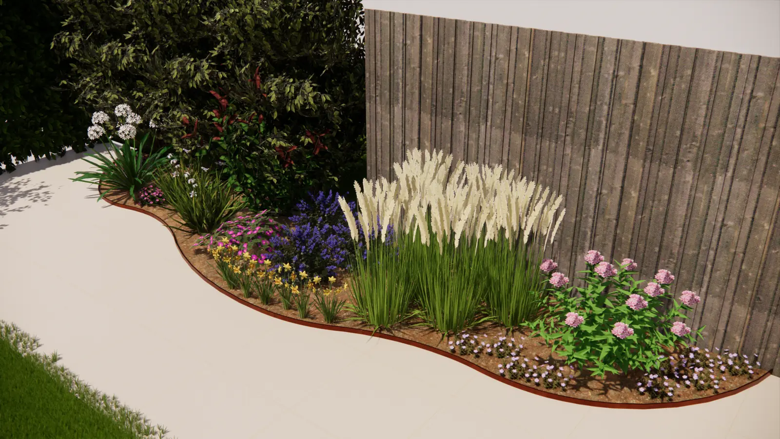 3D-ontwerp van een border met siergras in een gebogen cortenstalen rand