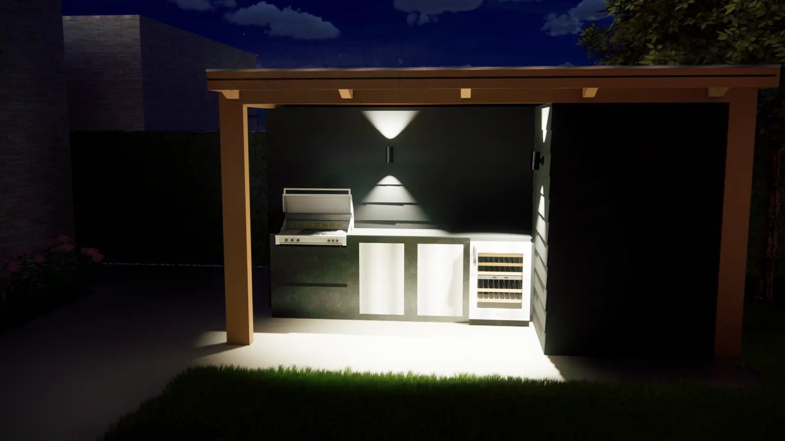 3D-ontwerp van een buitenkeuken onder een houten overkapping, bij avond