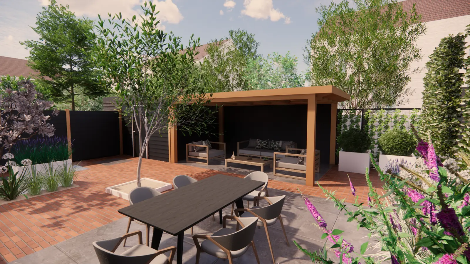 3D-ontwerp van een douglas overkapping met lounge achter een terras van klinkers