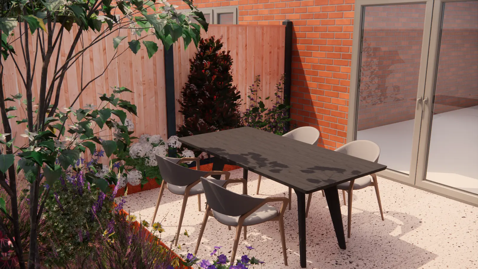 3D-ontwerp van de eettafel op het terras naast de borders bij de woning