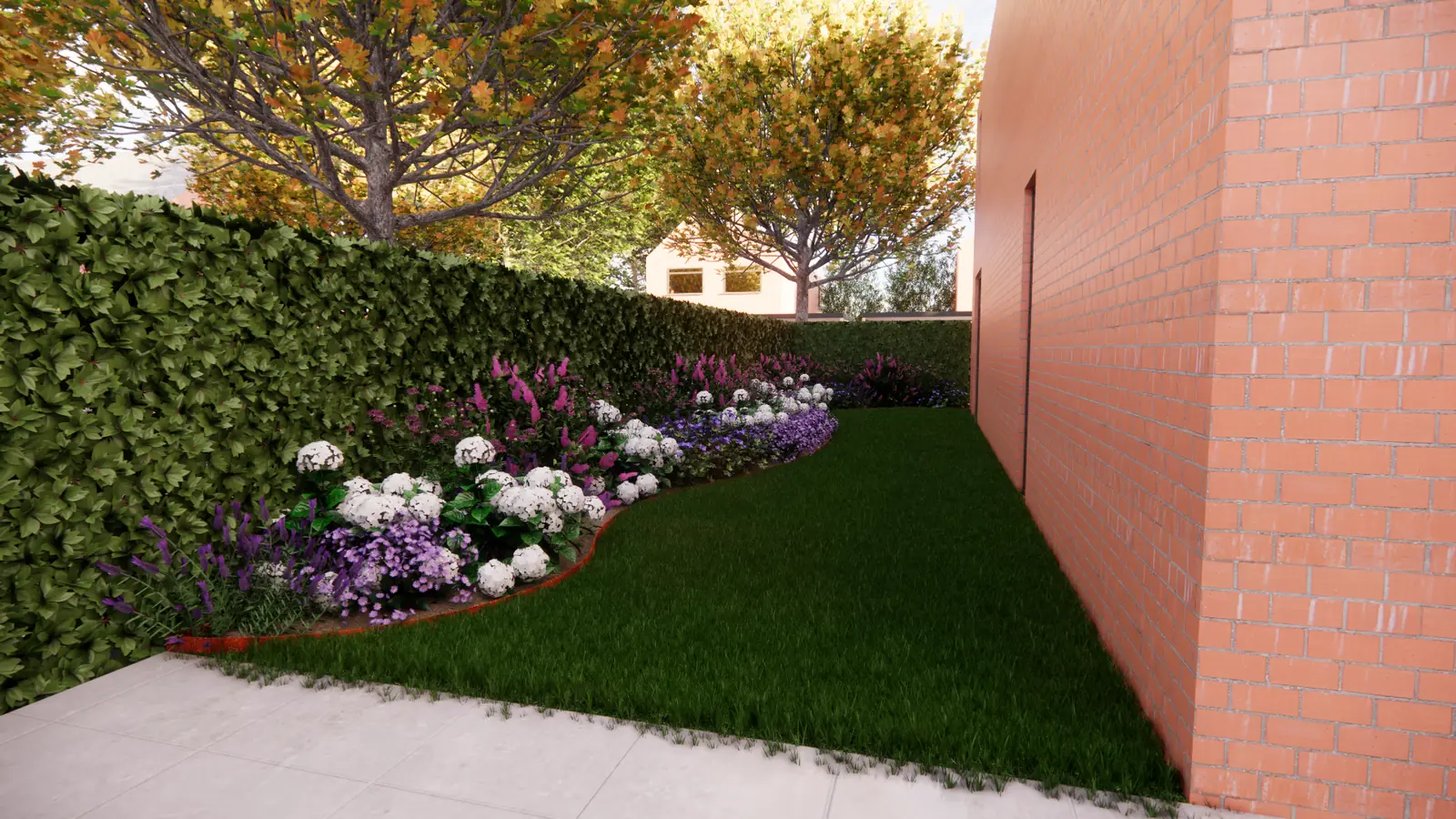3D-ontwerp van een gazon langs een gebogen border met witte hortensia's en een haag