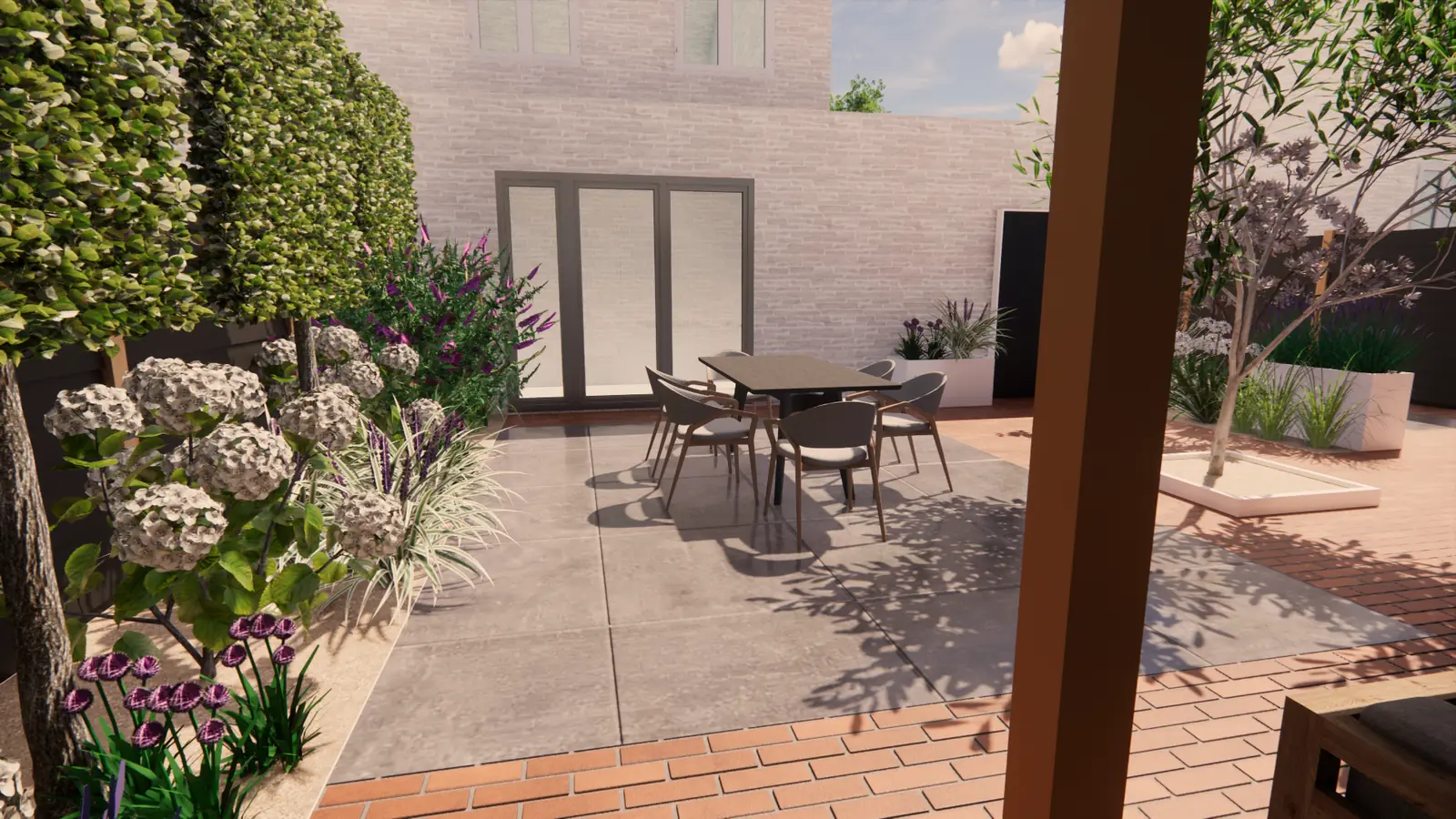 3D-ontwerp van grote betontegels omlijst door klinkers, met hortensia's