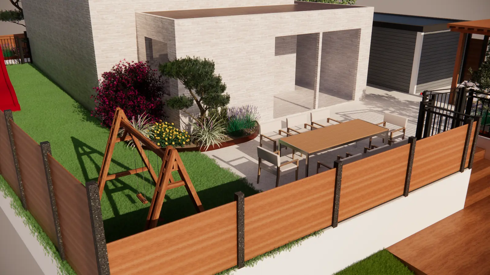 3D-ontwerp van een houten schommel op het gras naast een terras met eettafel