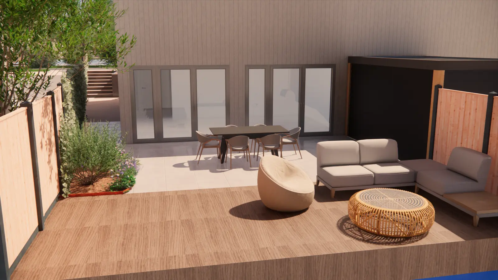 3D-ontwerp van de loungehoek op de vlonder, met de woning op de achtergrond