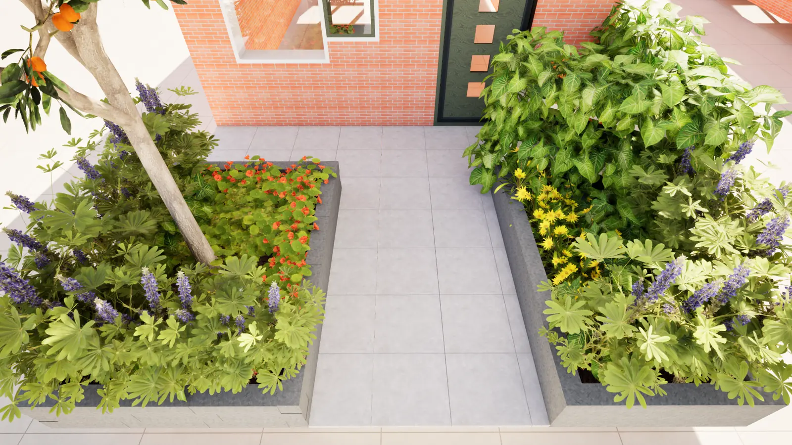 3D-ontwerp van een pad tussen twee verhoogde betonnen bakken met een boom