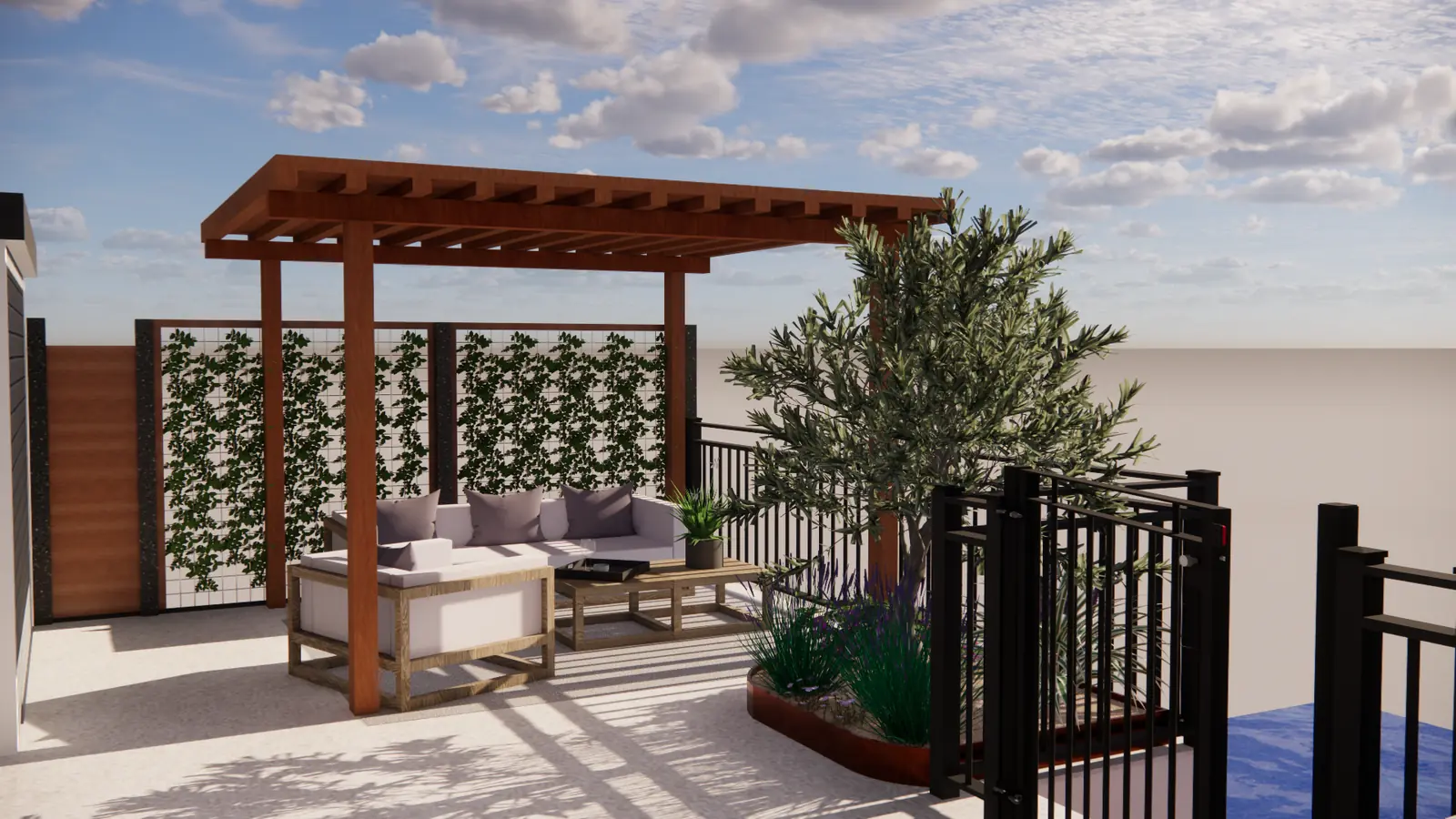 3D-ontwerp van een pergola met gaaspanelen en klimplanten boven een loungehoek