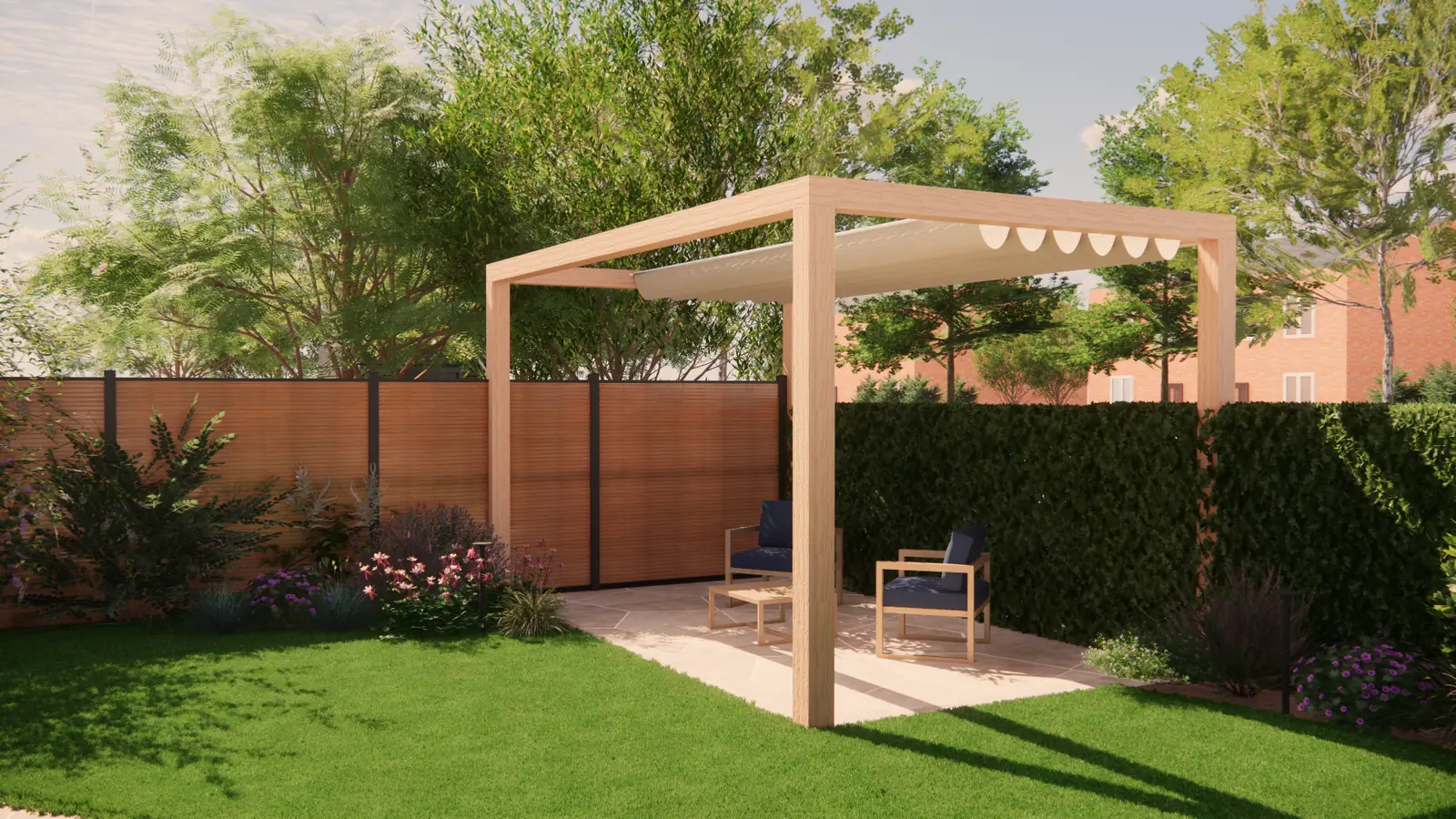 3D-ontwerp van een pergola met schaduwdoek boven een zitplek achter in de tuin