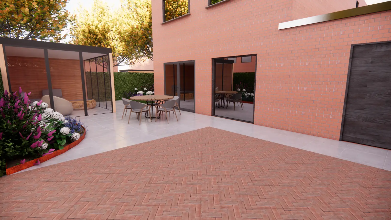 3D-ontwerp van rode klinkers in visgraatverband voor de gevel en de tuinkamer