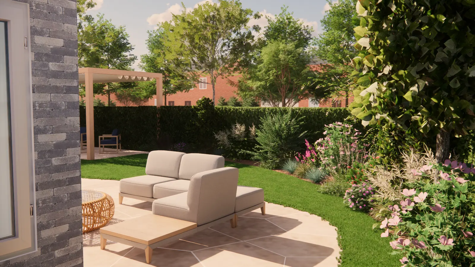 3D-ontwerp van een rond terras met loungeset in een nieuwbouwtuin in Bergschenhoek