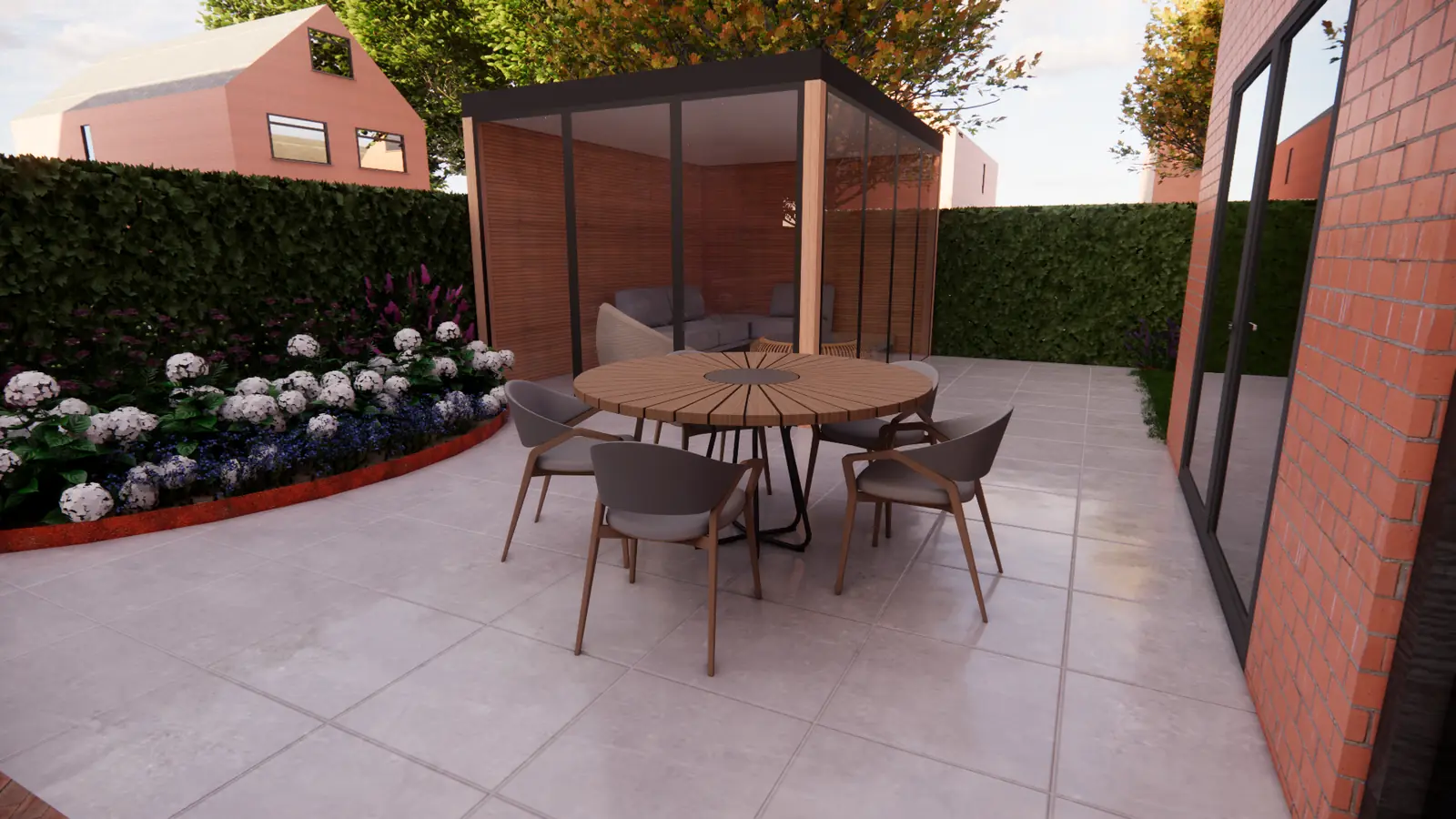 3D-ontwerp van een ronde tafel voor een tuinkamer met glazen wanden in Bergschenhoek
