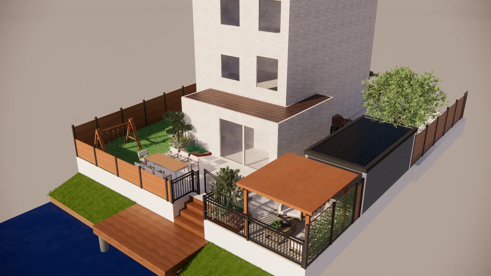 3D-ontwerp van een tuin rondom een hoekwoning aan het water in Bergschenhoek