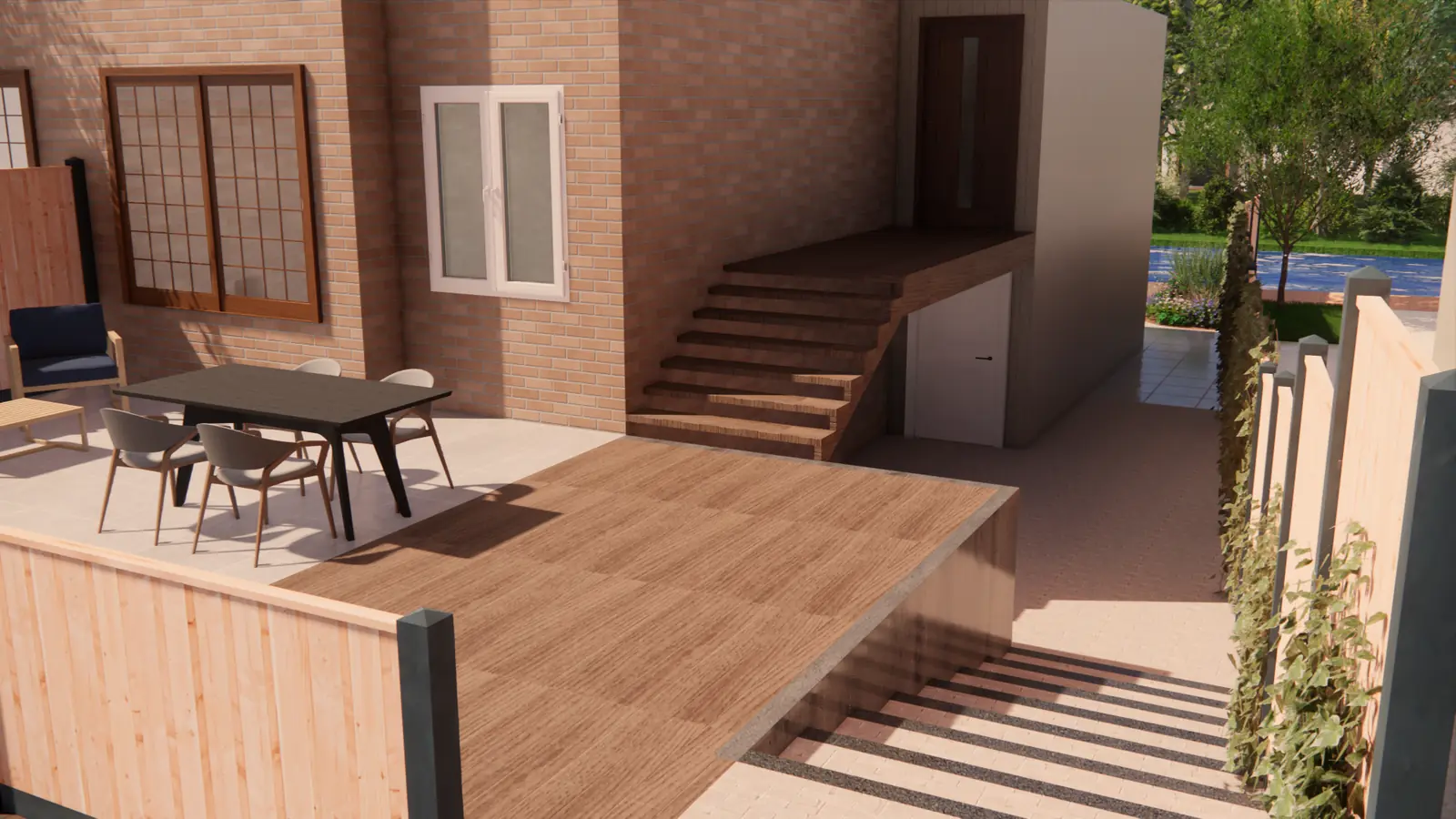 3D-ontwerp van een trap naar een verhoogd vlonderterras naast het tegelterras