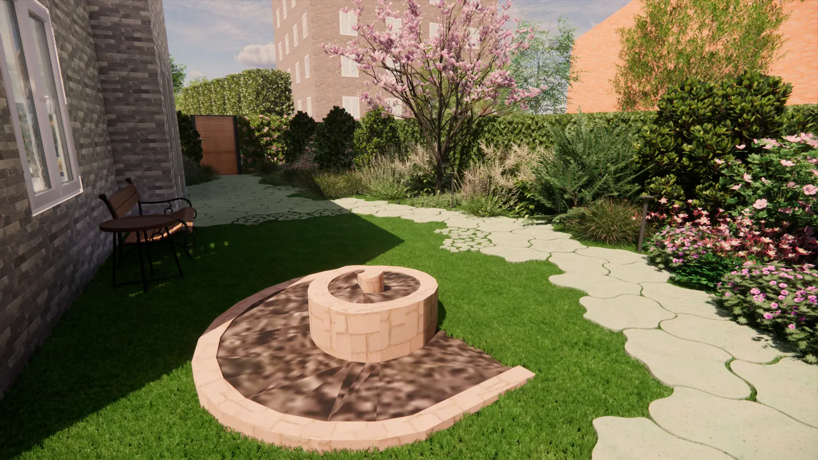 3D-ontwerp van een vuurplaats op een halfrond plateau naast een stapstenenpad