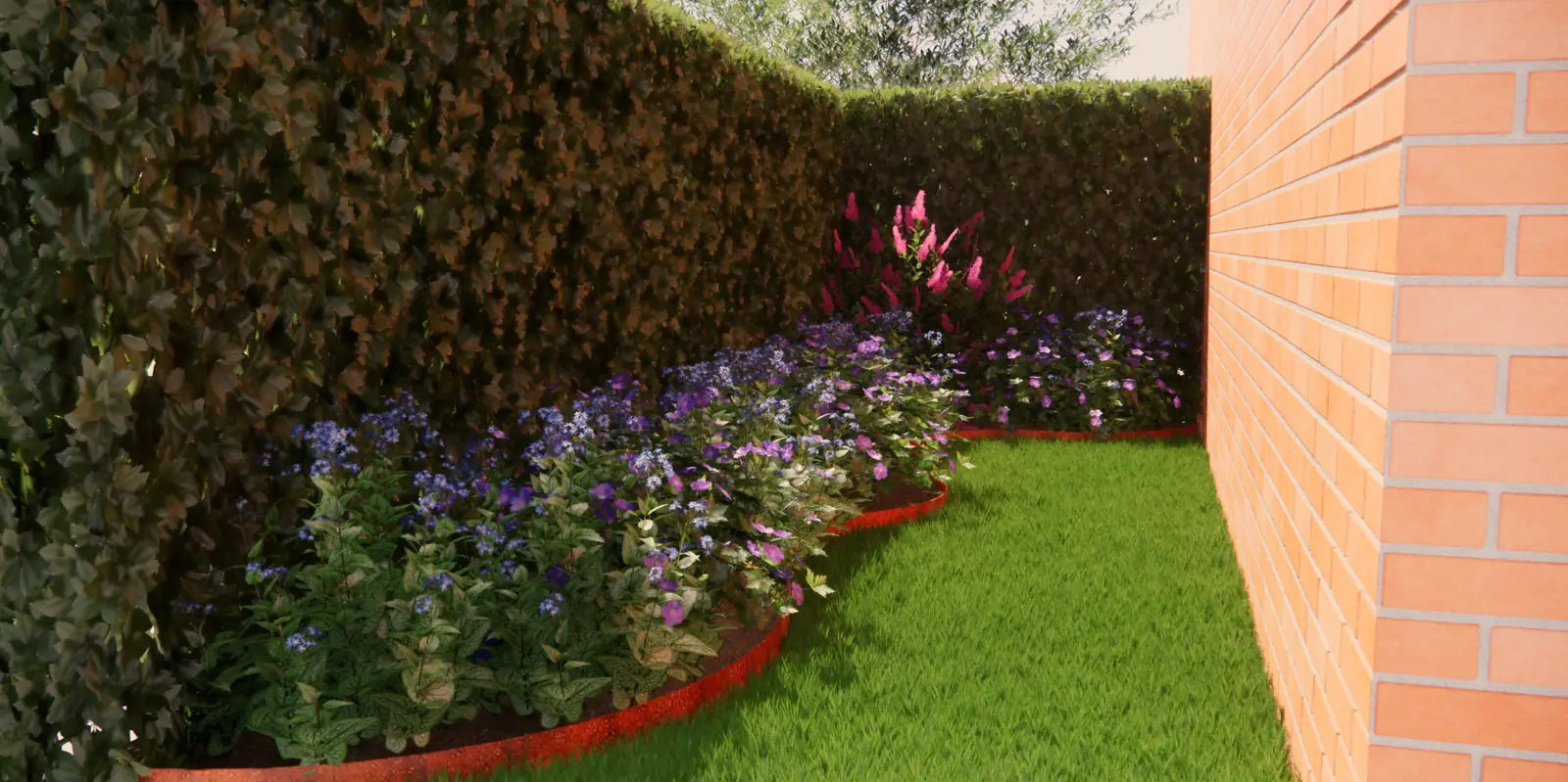 3D-ontwerp van een border met cortenstalen rand langs de haag