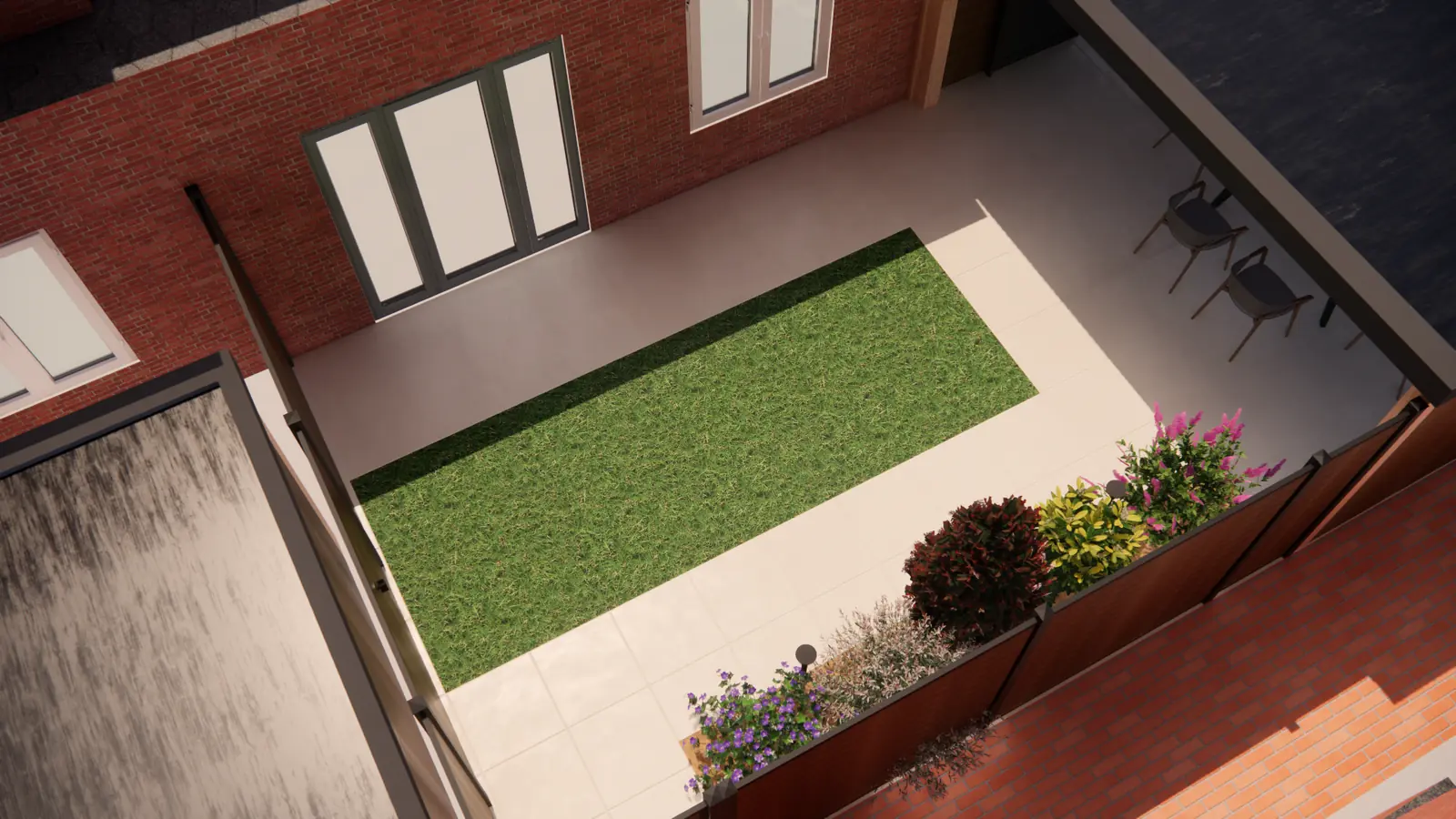 3D-ontwerp van bovenaf: terras in een U rond een rechthoekig gazon
