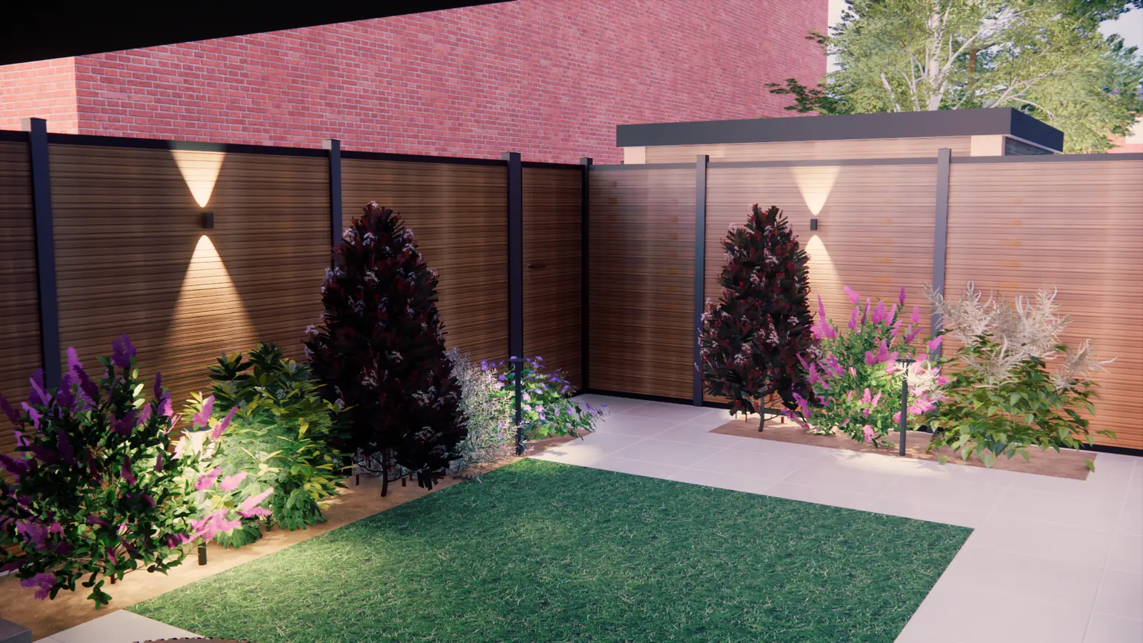 3D-ontwerp: composiet schutting met wandlampen boven een border met rode heester