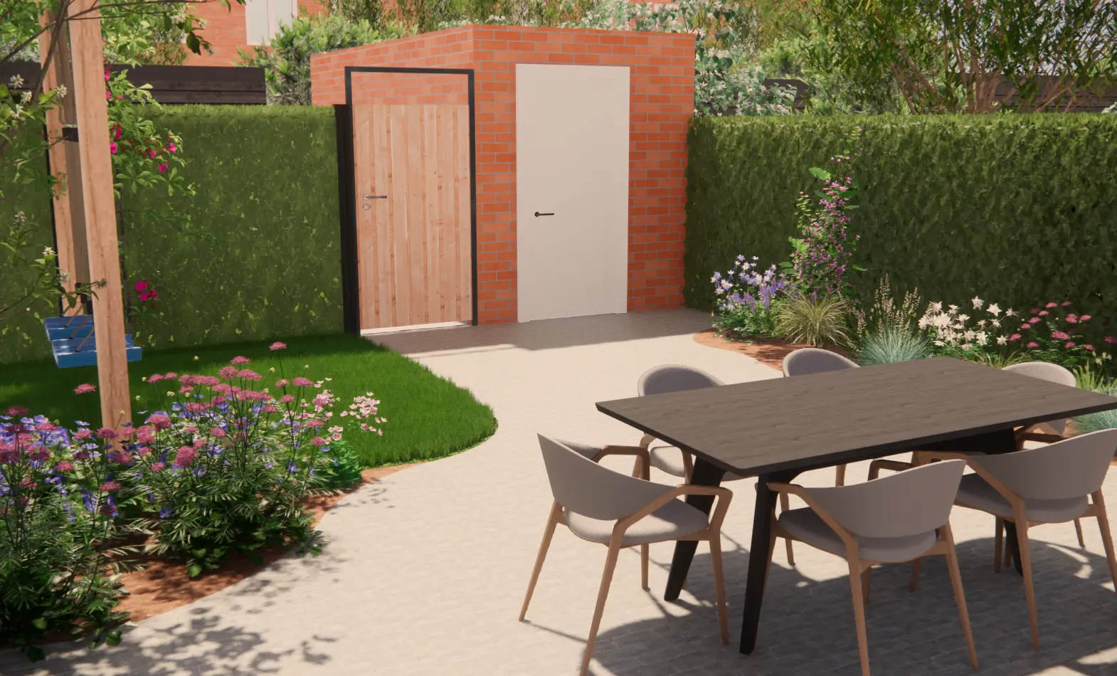 3D-ontwerp van een tuin in Berkel en Rodenrijs met eettafel, gazon en berging