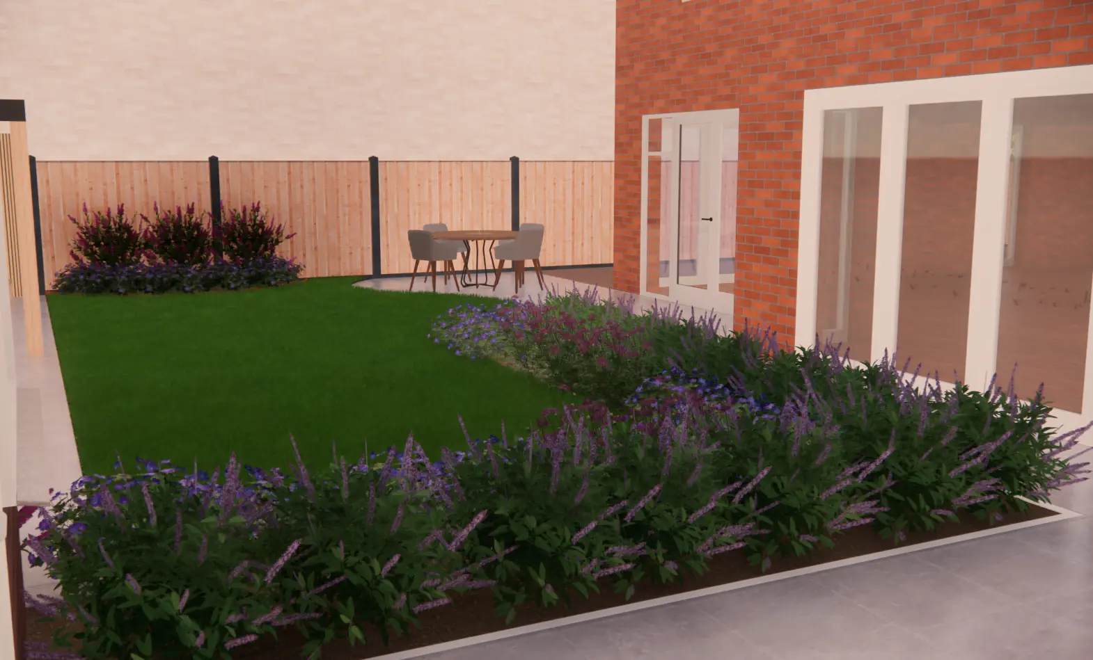 3D-ontwerp van een gazon met borders vol paarse vaste planten in Berkel en Rodenrijs
