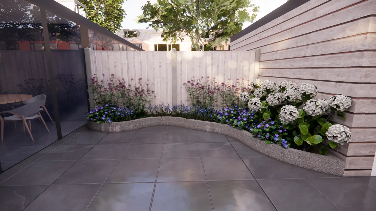 3D-ontwerp van een gebogen border met hortensia's in een lage stenen rand