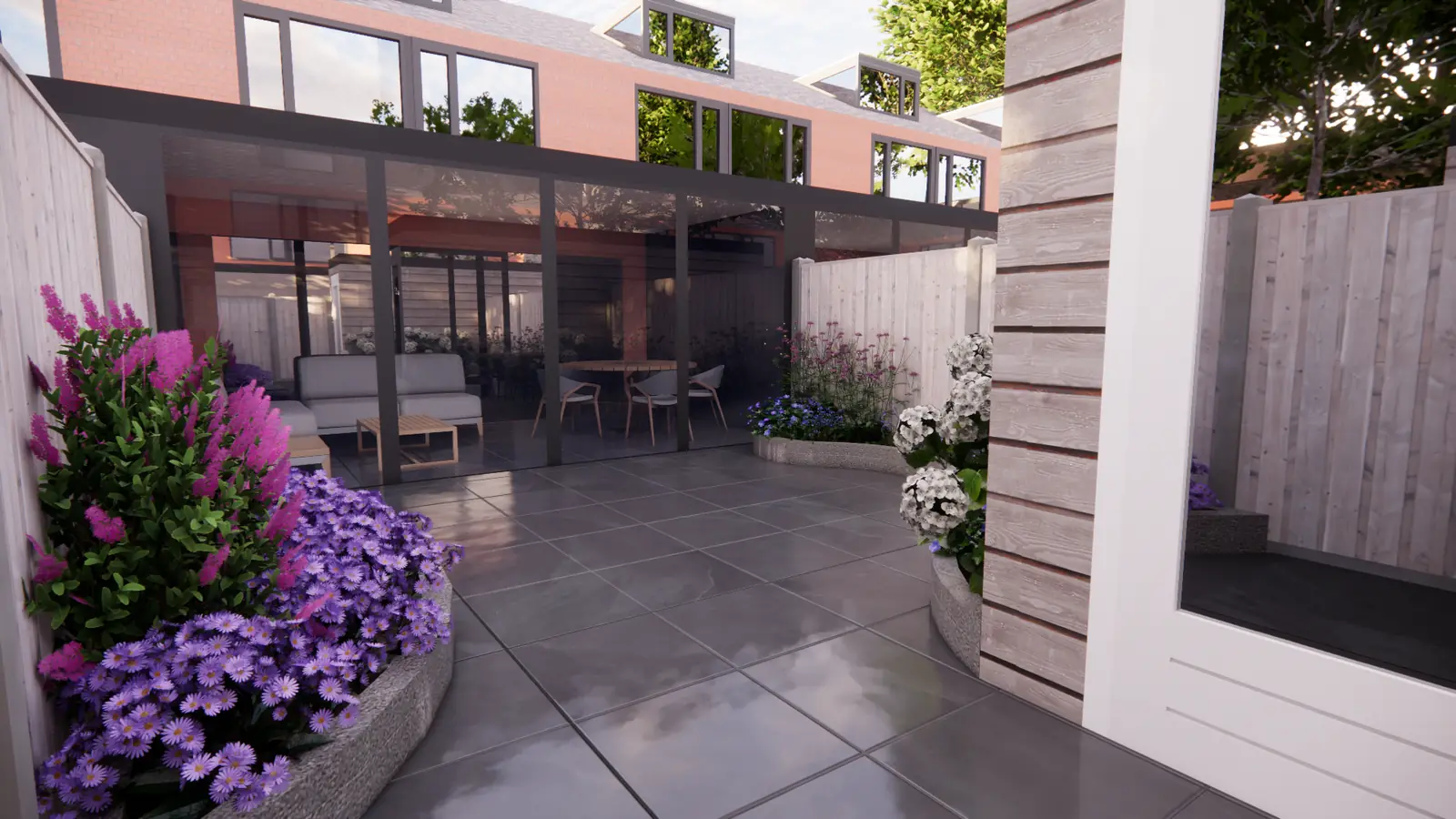 3D-ontwerp van een glazen tuinkamer achter een donker terras in Berkel en Rodenrijs
