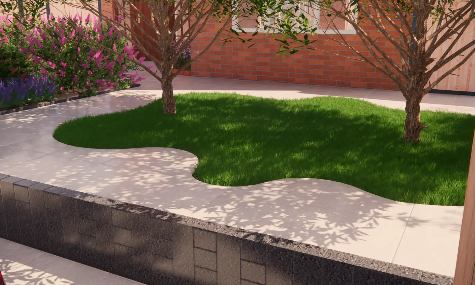 3D-ontwerp van een golvend gazon met twee bomen boven een lage zwarte muur