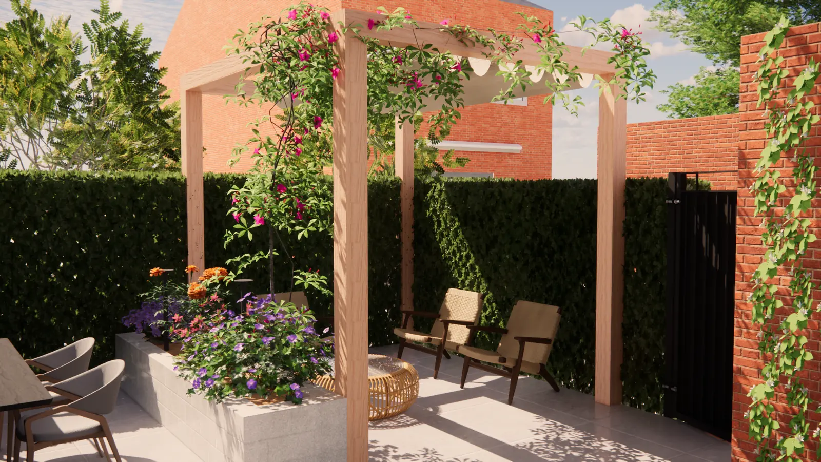 3D-ontwerp van een houten pergola met klimroos boven een lichte plantenbak