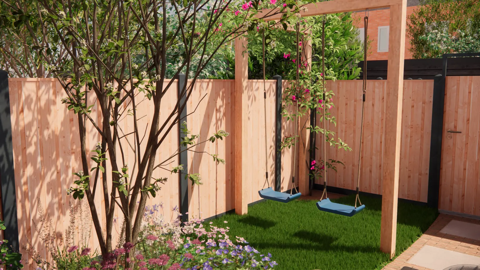 3D-ontwerp van een houten pergola met twee schommels en een klimroos
