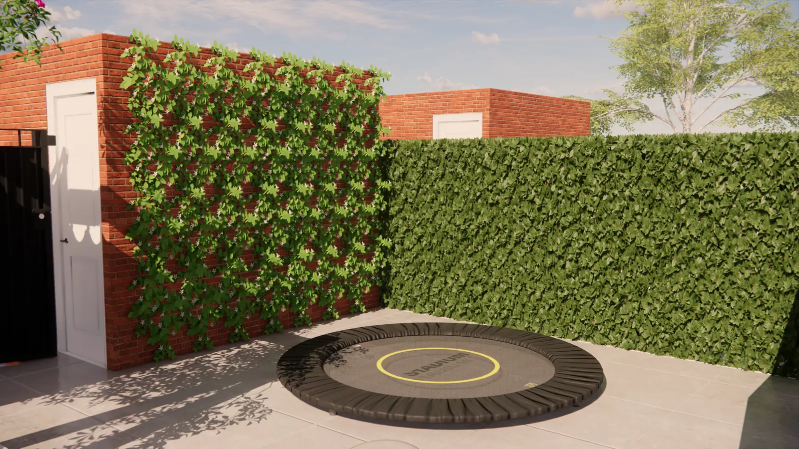 3D-ontwerp van een ingegraven trampoline voor een klimopscherm