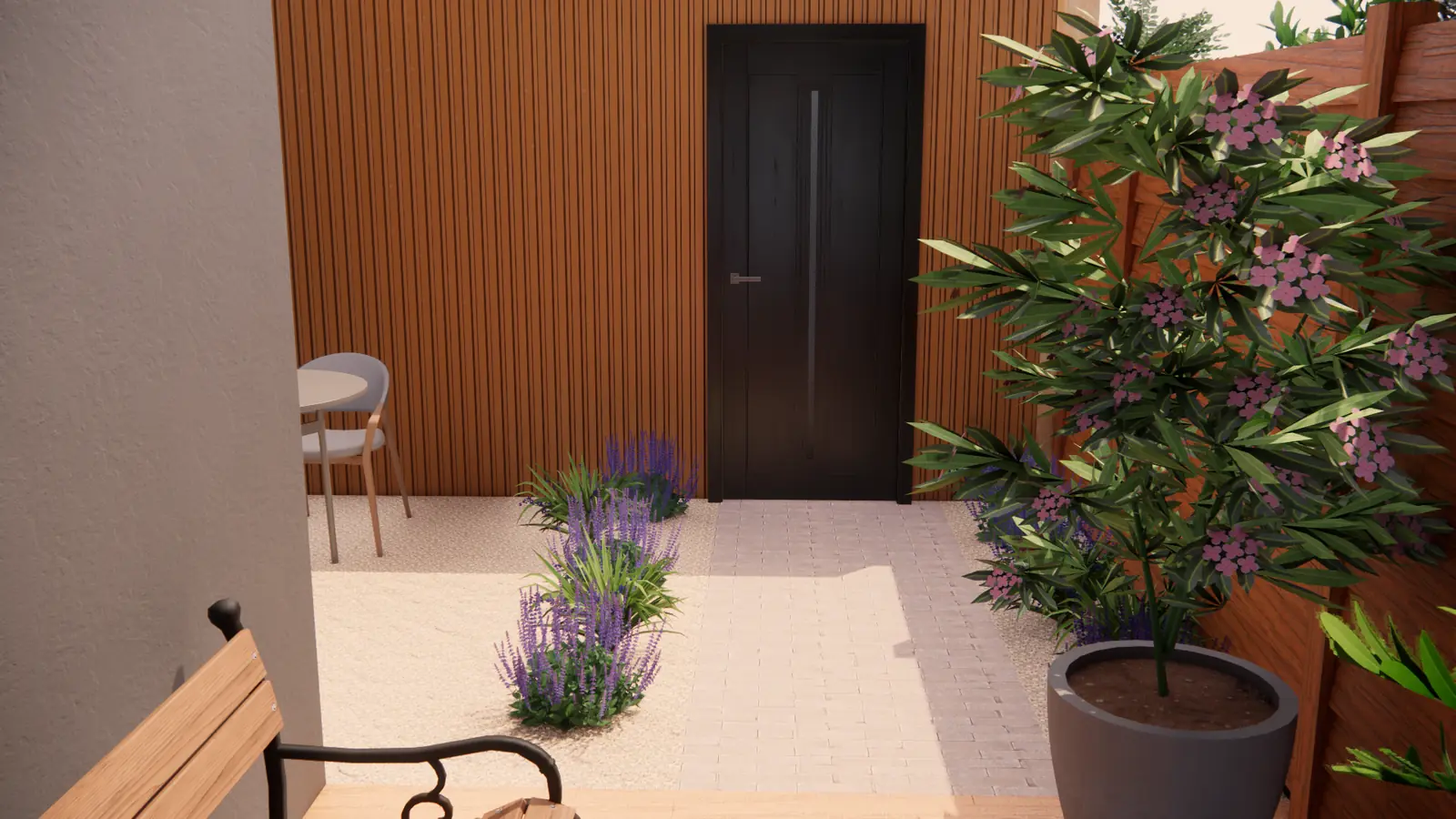 3D-ontwerp van een klinkerpad door grind naar de deur in de schutting