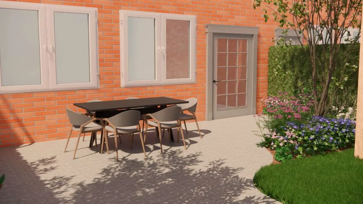 3D-ontwerp van het klinkerterras bij de woning met een meerstammige boom