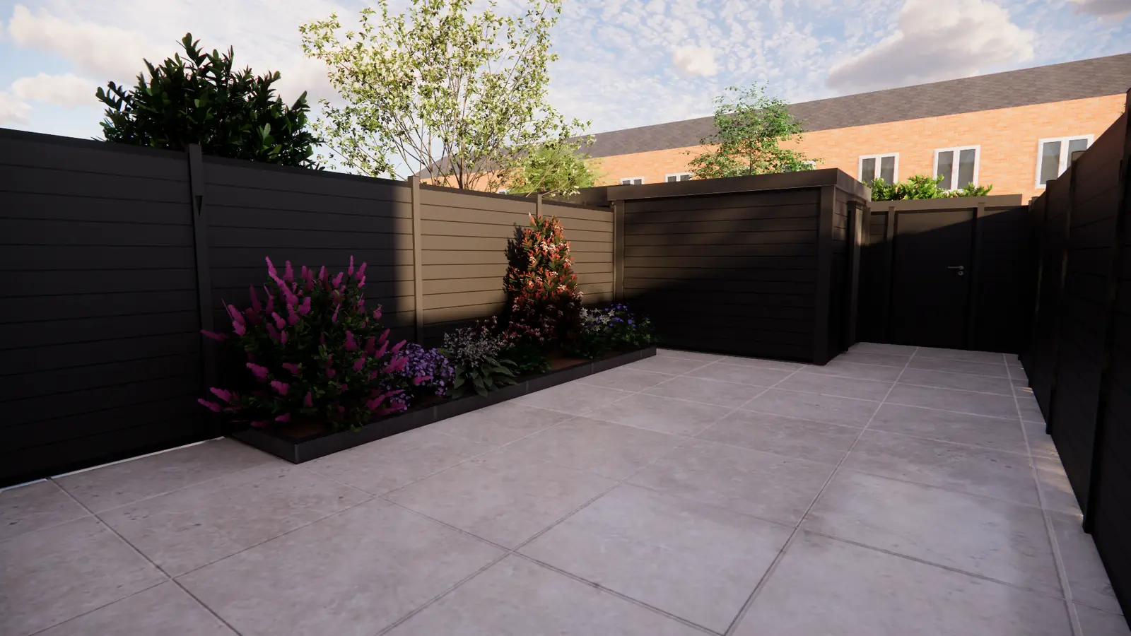 3D-ontwerp van het lichte terras met de zwarte berging achter in de tuin