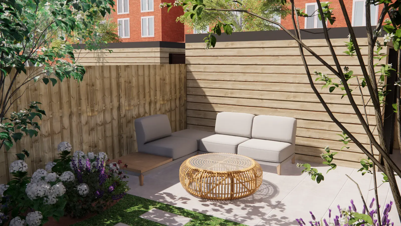 3D-ontwerp van de loungehoek tussen houten wanden met witte hortensia's