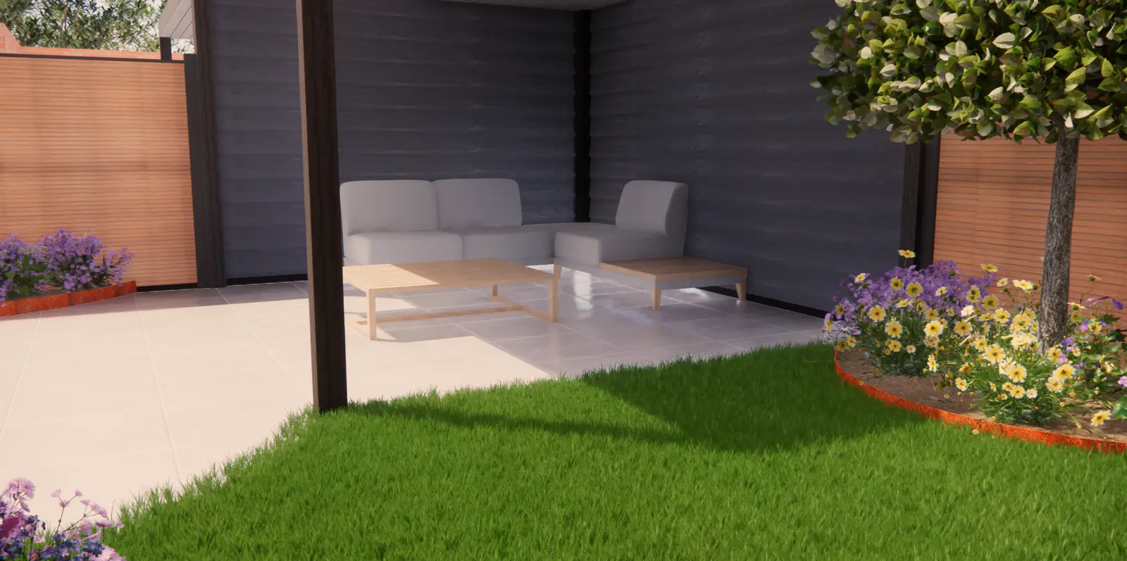 3D-ontwerp van een loungeset onder de overkapping, met een bolboom in de border