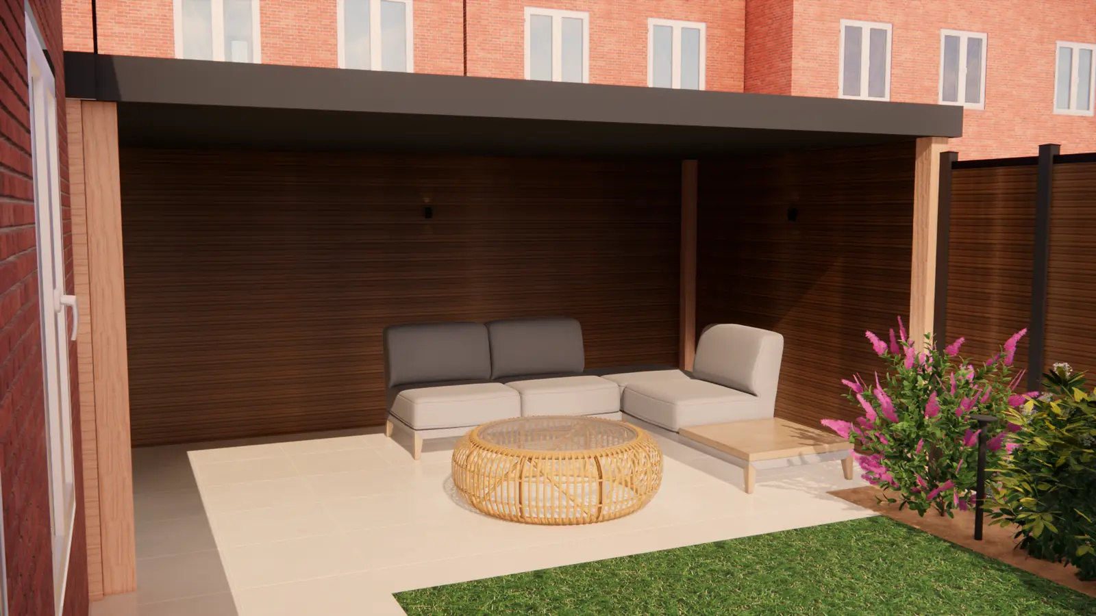 3D-ontwerp van een overkapping met loungeset op lichte tegels in Berkel