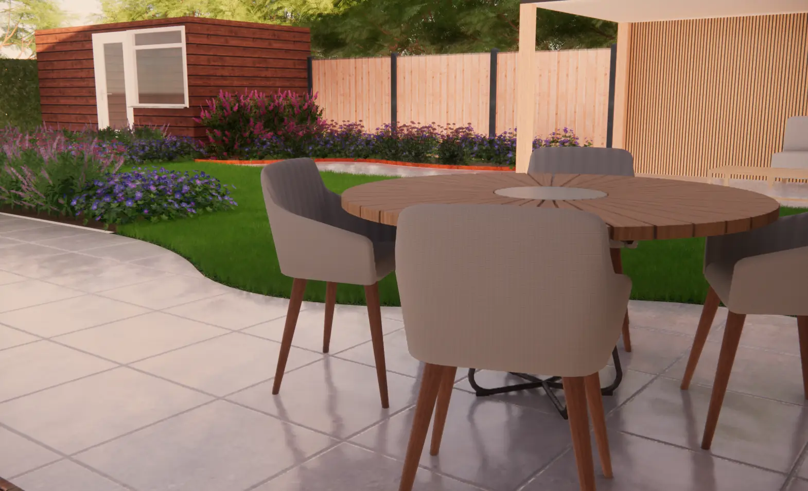 3D-ontwerp van een ronde houten tafel onder de pergola aan het golvende gazon