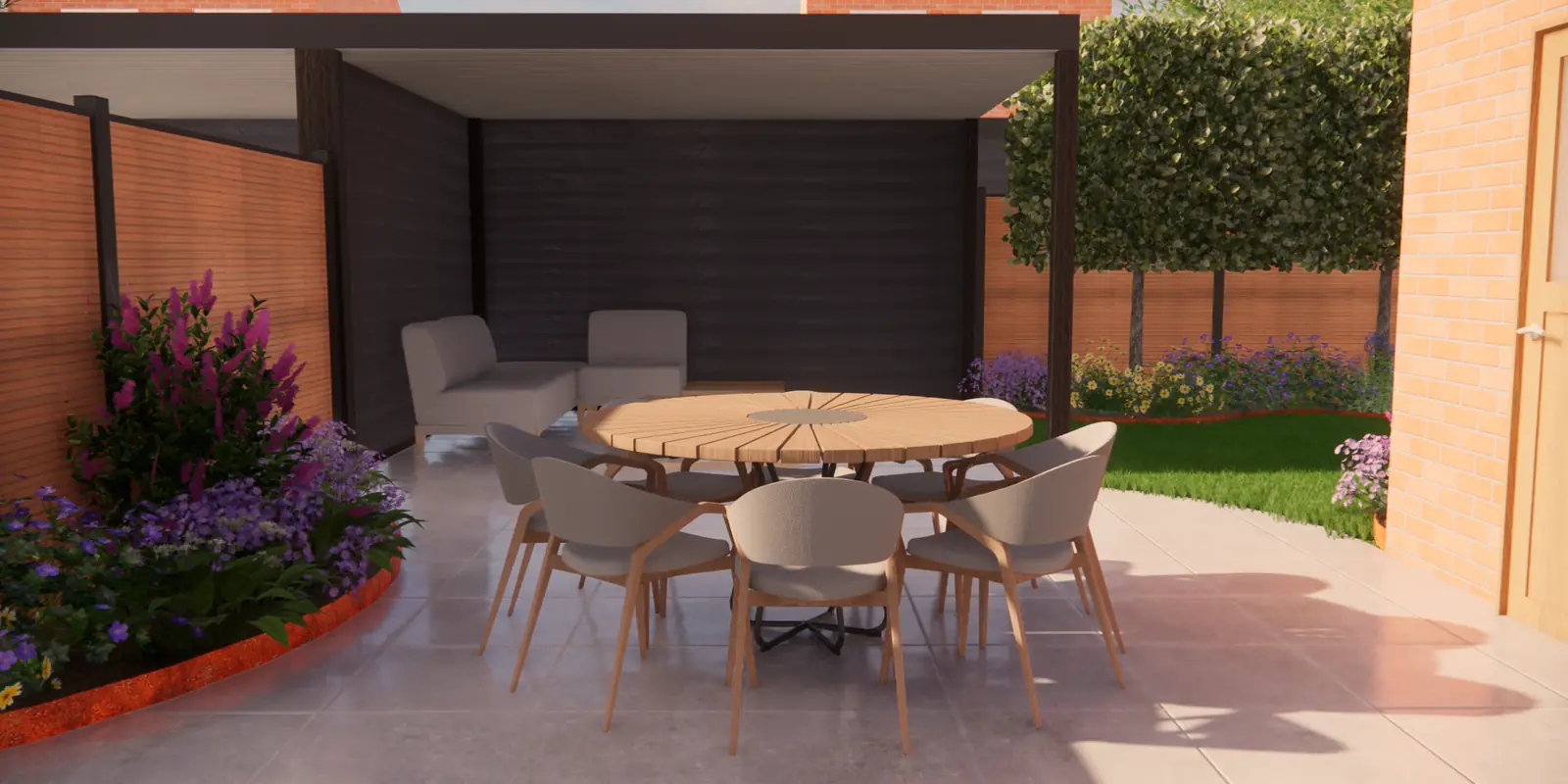 3D-ontwerp van een ronde tafel voor een donkere overkapping in Berkel en Rodenrijs