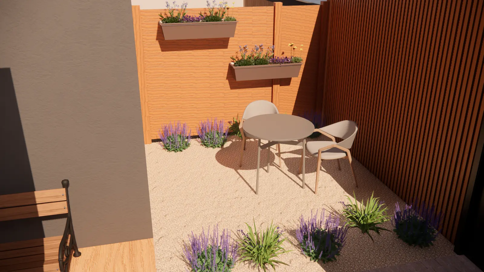 3D-ontwerp van een ronde tafel op grind met lavendel en plantenbakken aan de schutting