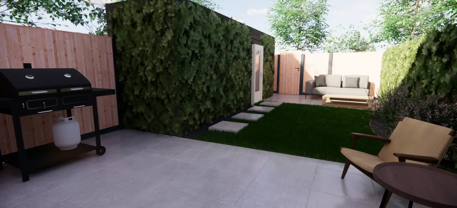 3D-ontwerp van een terras met barbecue en stapstenen naar een loungehoek