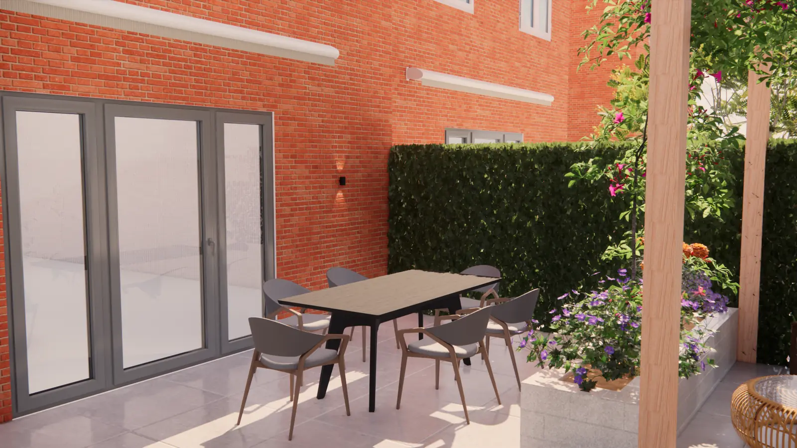 3D-ontwerp van het terras met eettafel naast de verhoogde plantenbak