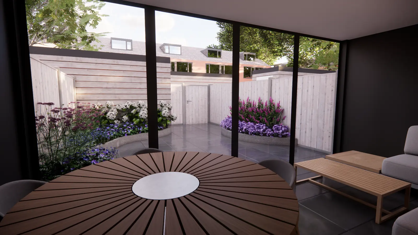 3D-ontwerp: vanuit de tuinkamer zicht op gebogen borders en de lichte schutting