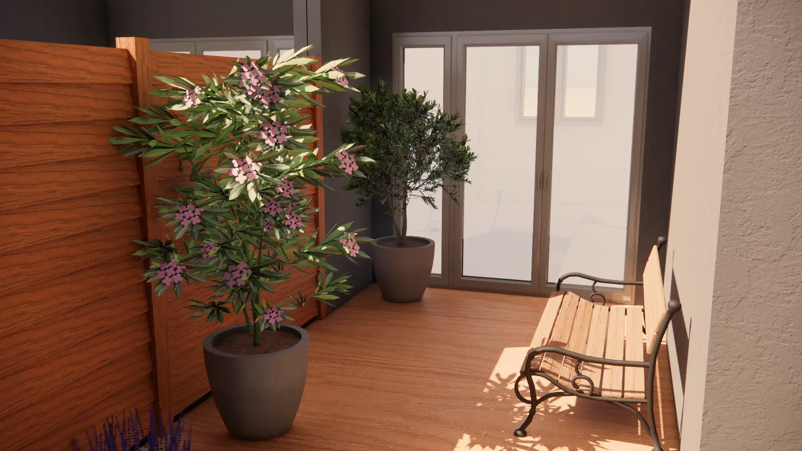 3D-ontwerp van een vlonder met oleanders in potten in een stadstuin in Berkel en Rodenrijs