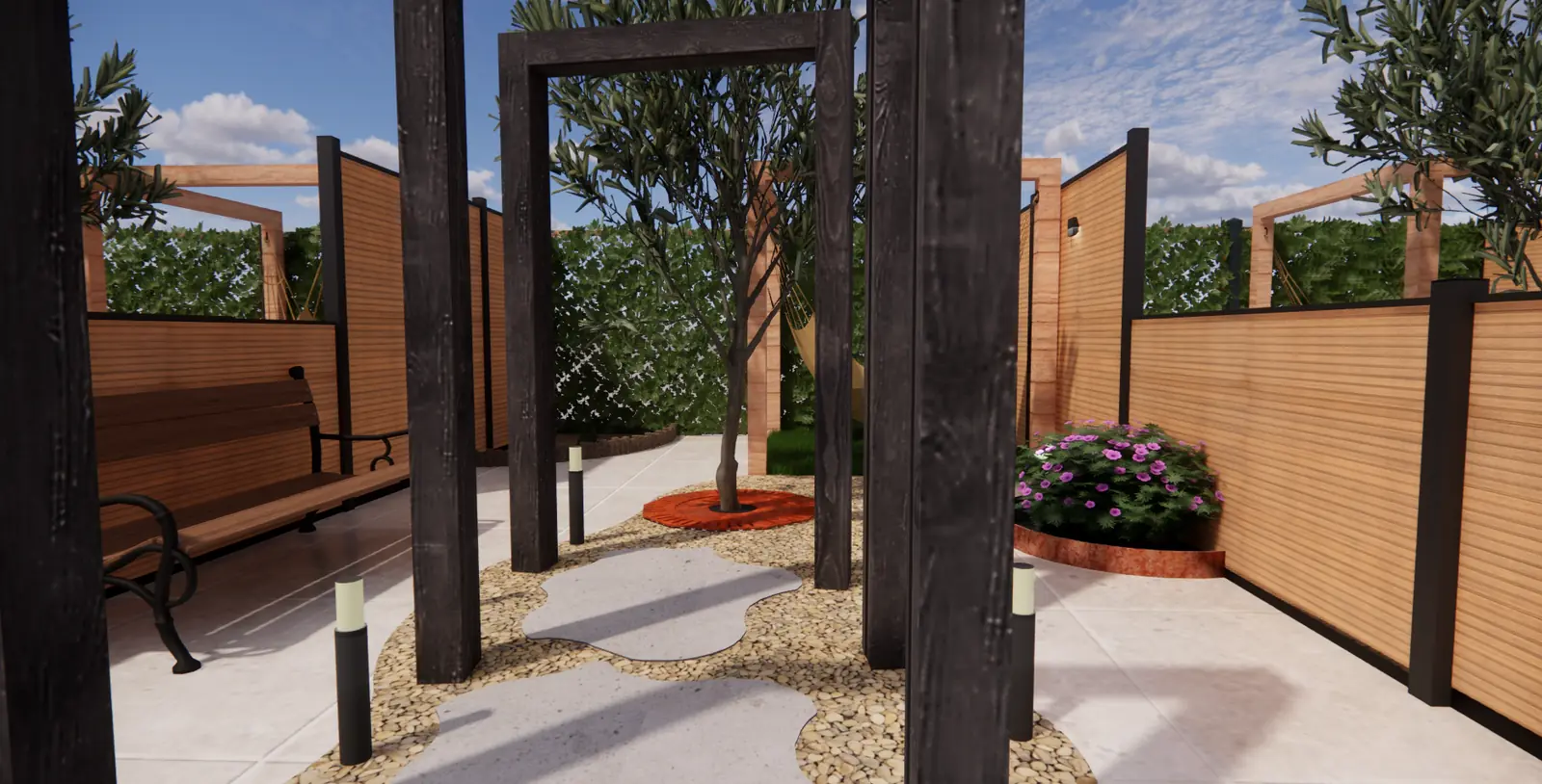 3D-ontwerp van dezelfde portalen in donker hout, met een bank op het terras