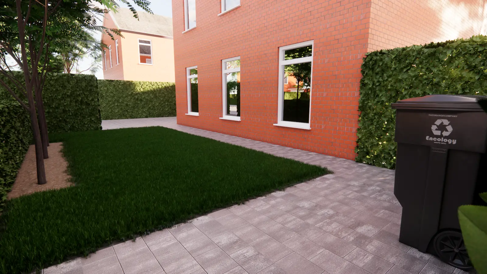 3D-ontwerp van het gazon en het pad langs de gevel, gezien vanaf de haag