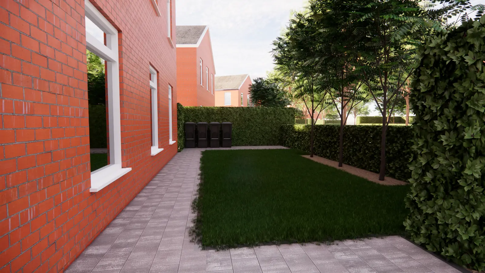 3D-ontwerp van een gazon naast de woning met een rij bomen langs de haag in Bleiswijk