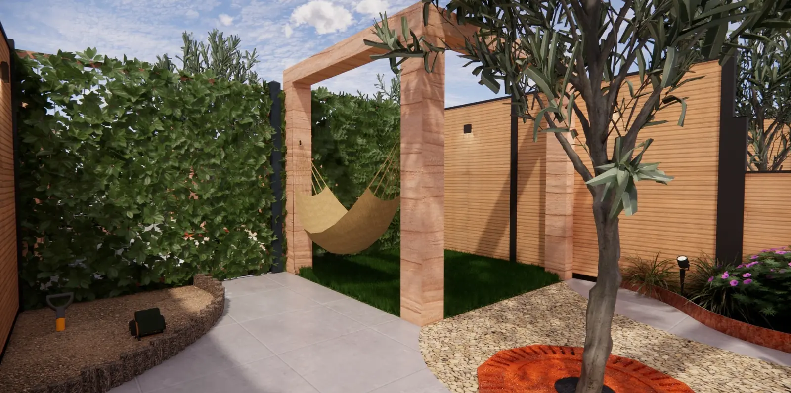 3D-ontwerp van een hangmat onder een houten portaal in een tuin in Bleiswijk