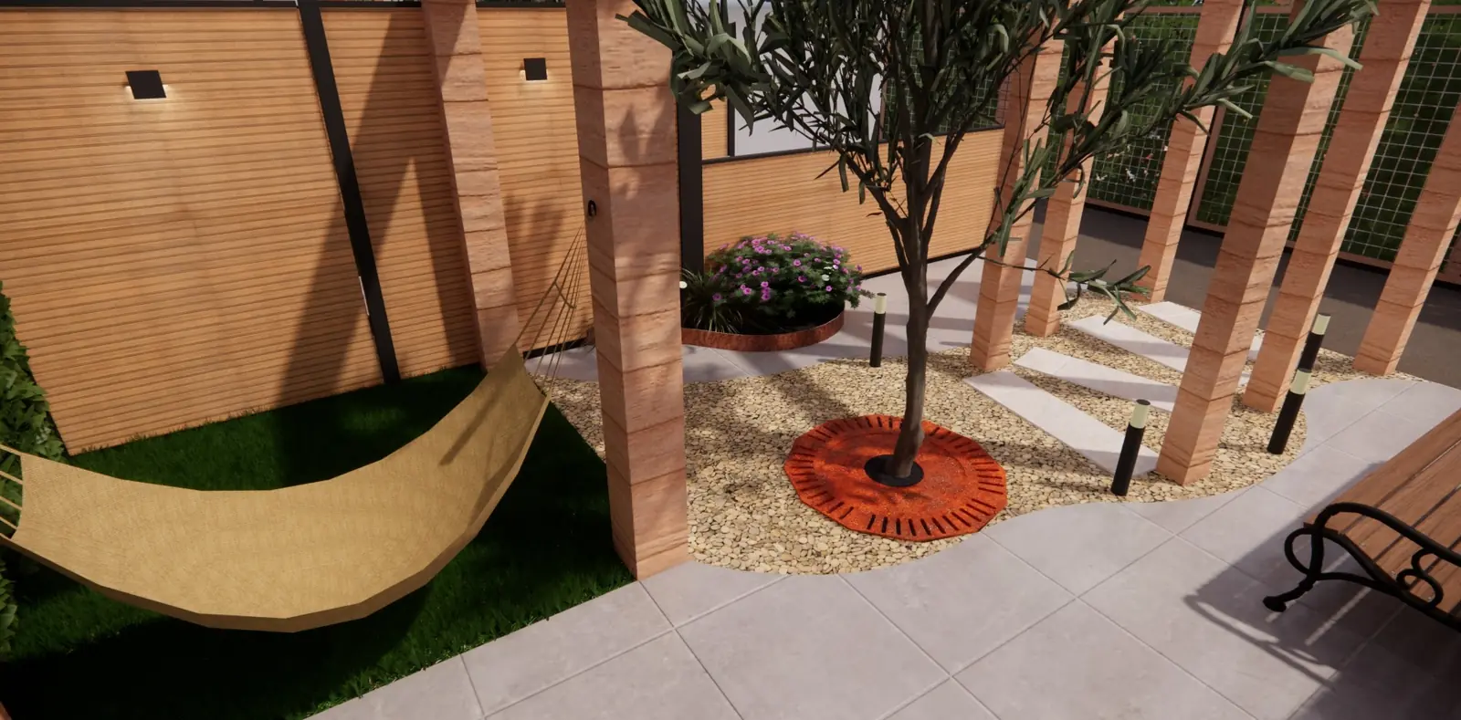3D-ontwerp van een olijfboom in een roestbruine boomspiegel naast de hangmat