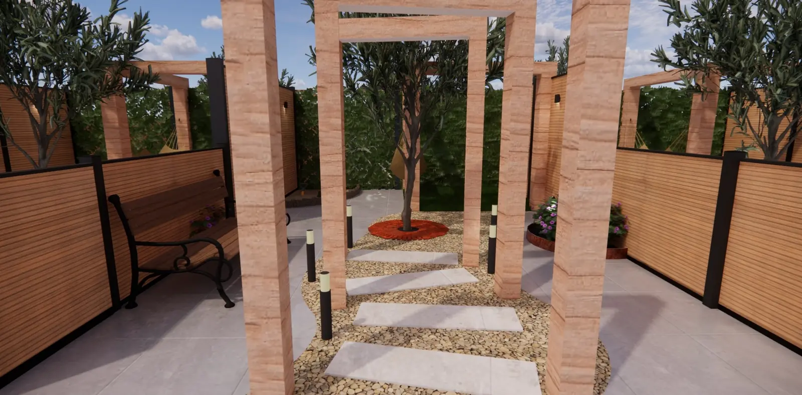 3D-ontwerp van staptegels in grind onder een reeks houten portalen